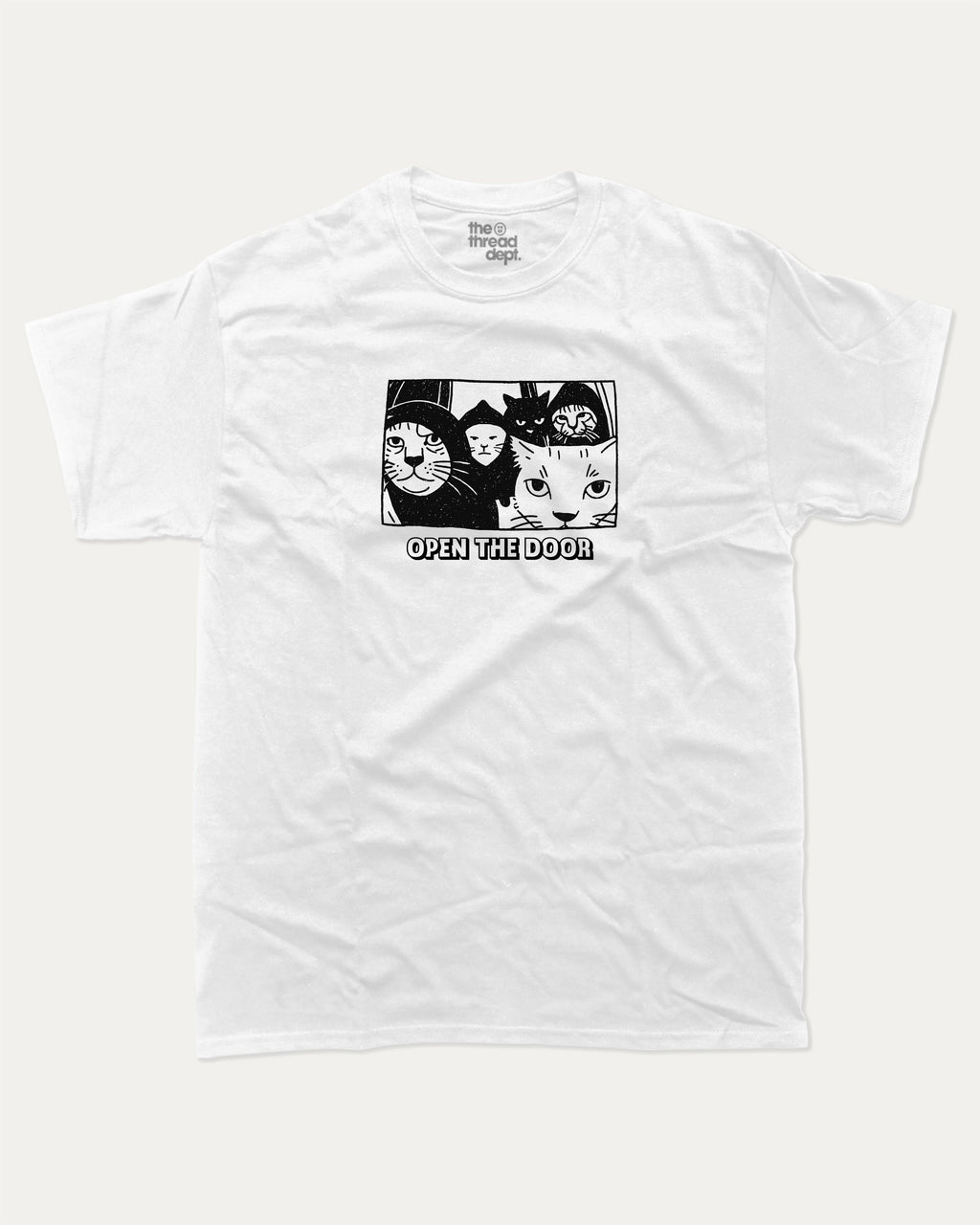 Open The Door Cat Gang graphic tee with bold and humorous print, Perfect Gift for Cat Lovers, Animal Graphic T shirt, Cat Graphic T shirt, funny and trendy graphic. Perfect for adults and gift-giving. White shirt.