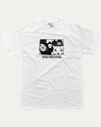Open The Door Cat Gang graphic tee with bold and humorous print, Perfect Gift for Cat Lovers, Animal Graphic T shirt, Cat Graphic T shirt, funny and trendy graphic. Perfect for adults and gift-giving. White shirt.