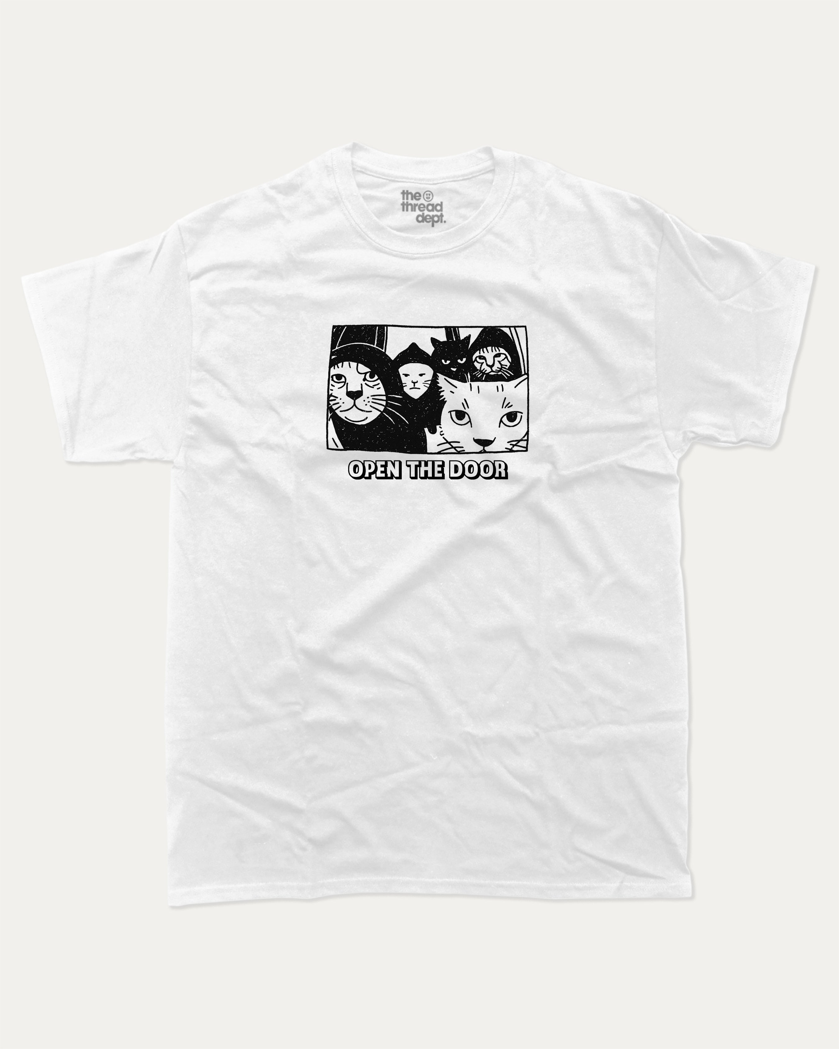 Open The Door Cat Gang graphic tee with bold and humorous print, Perfect Gift for Cat Lovers, Animal Graphic T shirt, Cat Graphic T shirt, funny and trendy graphic. Perfect for adults and gift-giving. White shirt.