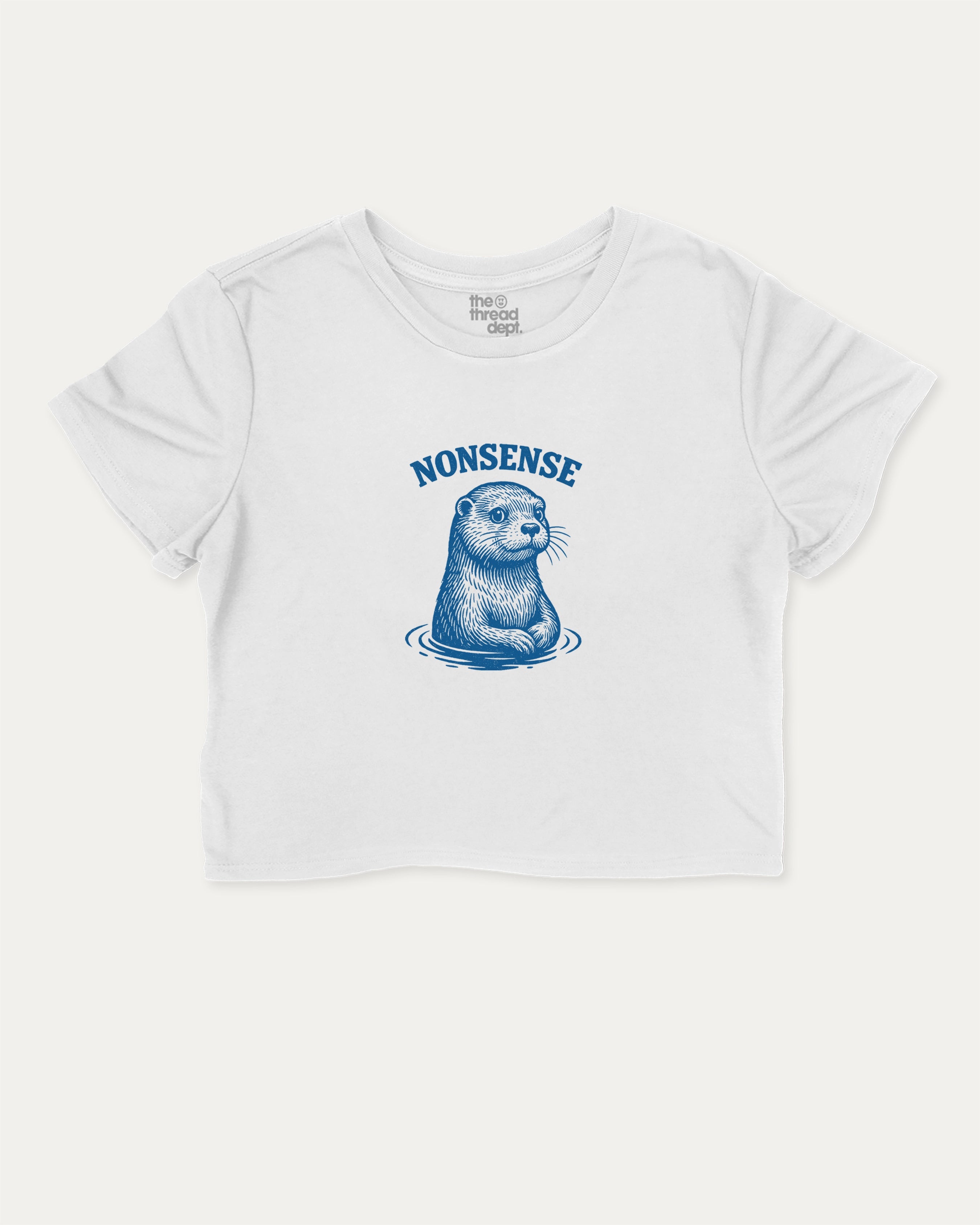 Otter Nonsense graphic crop tee with funny otter print, perfect for women’s casual looks or layering. White crop t-shirt.