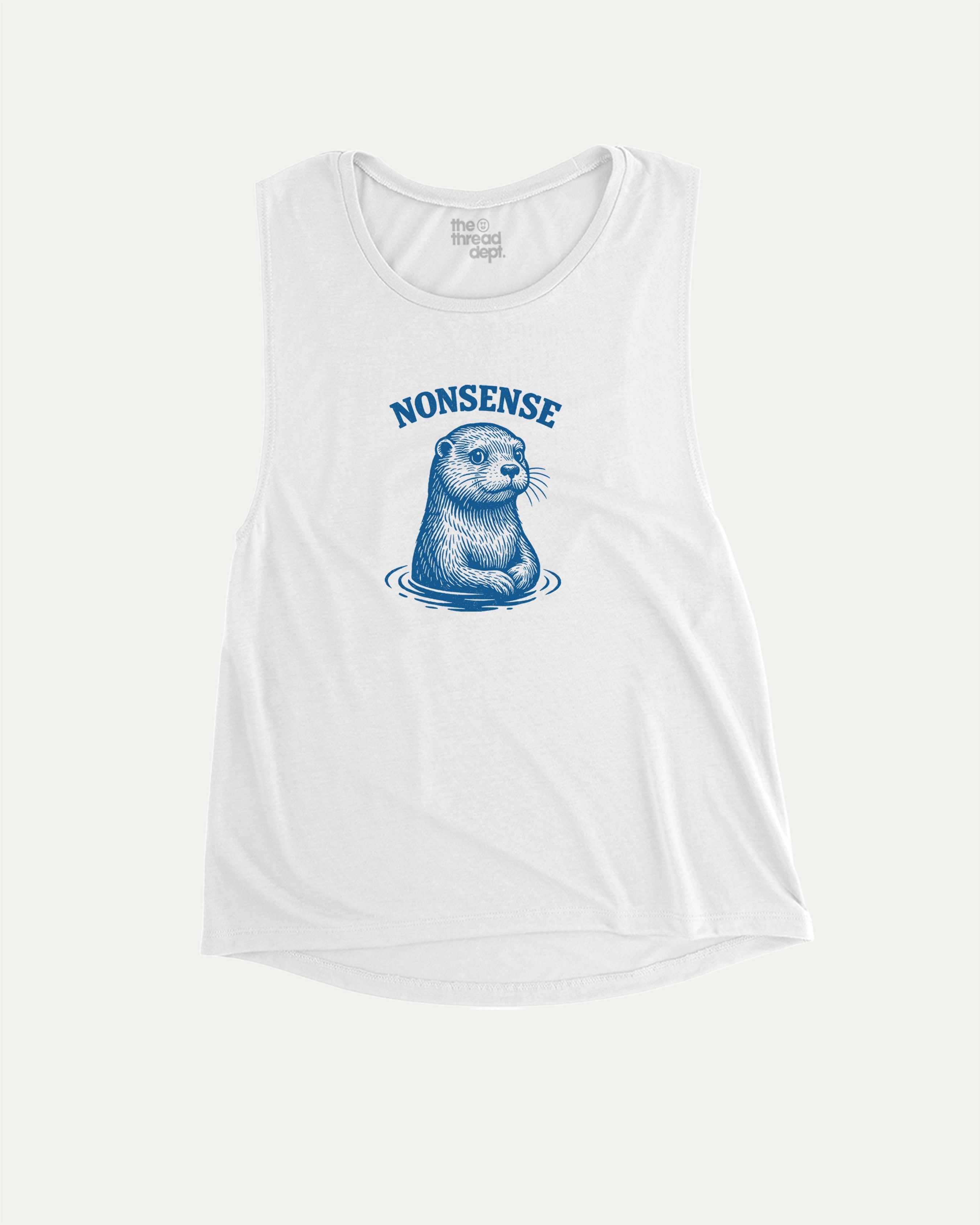 Otter Nonsense women’s graphic muscle tee with trendy and empowering graphic, ideal for layering or workouts. Unique gift for her. White muscle top.