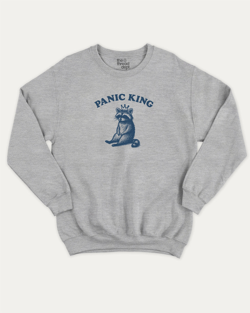 Panic King Raccoon graphic sweatshirt with bold and humorous print, Funny Raccoon Graphic T shirt, Funny Animal Tee, Perfect Gift for Animal Lovers, warm and cozy graphic for everyday wear. Perfect for adults and gift-giving. Heather Grey pullover.