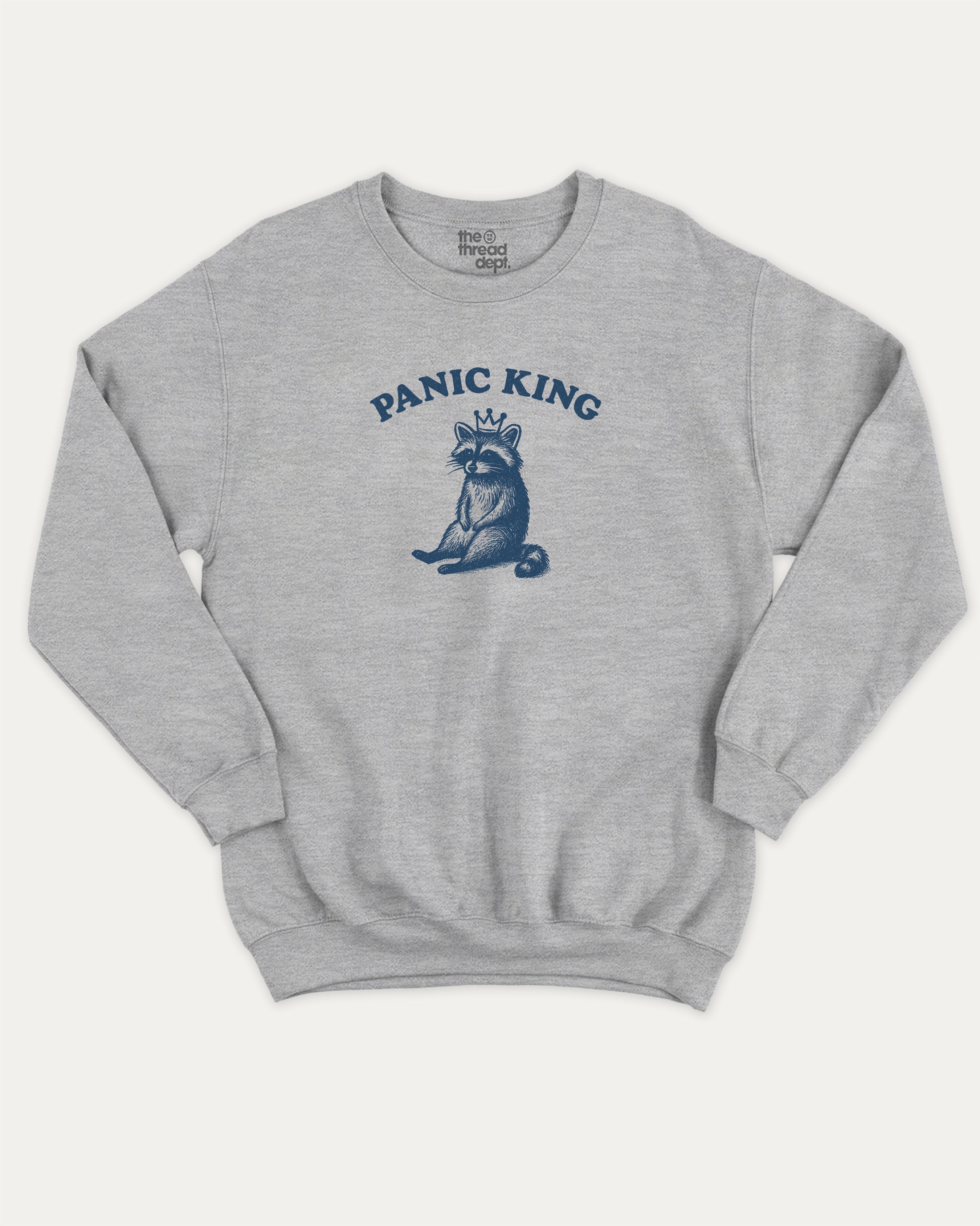 Panic King Raccoon graphic sweatshirt with bold and humorous print, Funny Raccoon Graphic T shirt, Funny Animal Tee, Perfect Gift for Animal Lovers, warm and cozy graphic for everyday wear. Perfect for adults and gift-giving. Heather Grey pullover.