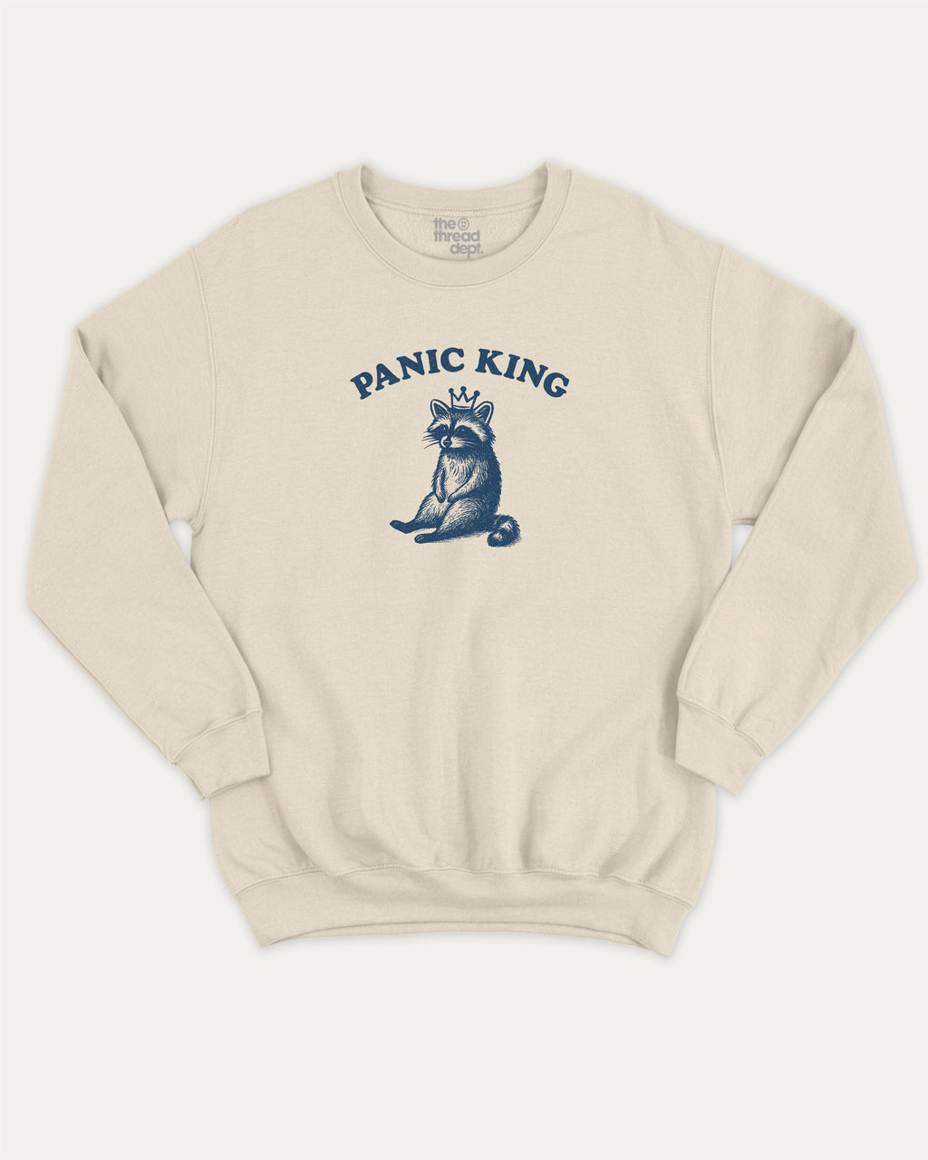 Panic King Raccoon graphic sweatshirt with bold and humorous print, Funny Raccoon Graphic T shirt, Funny Animal Tee, Perfect Gift for Animal Lovers, warm and cozy graphic for everyday wear. Perfect for adults and gift-giving. Natural pullover.