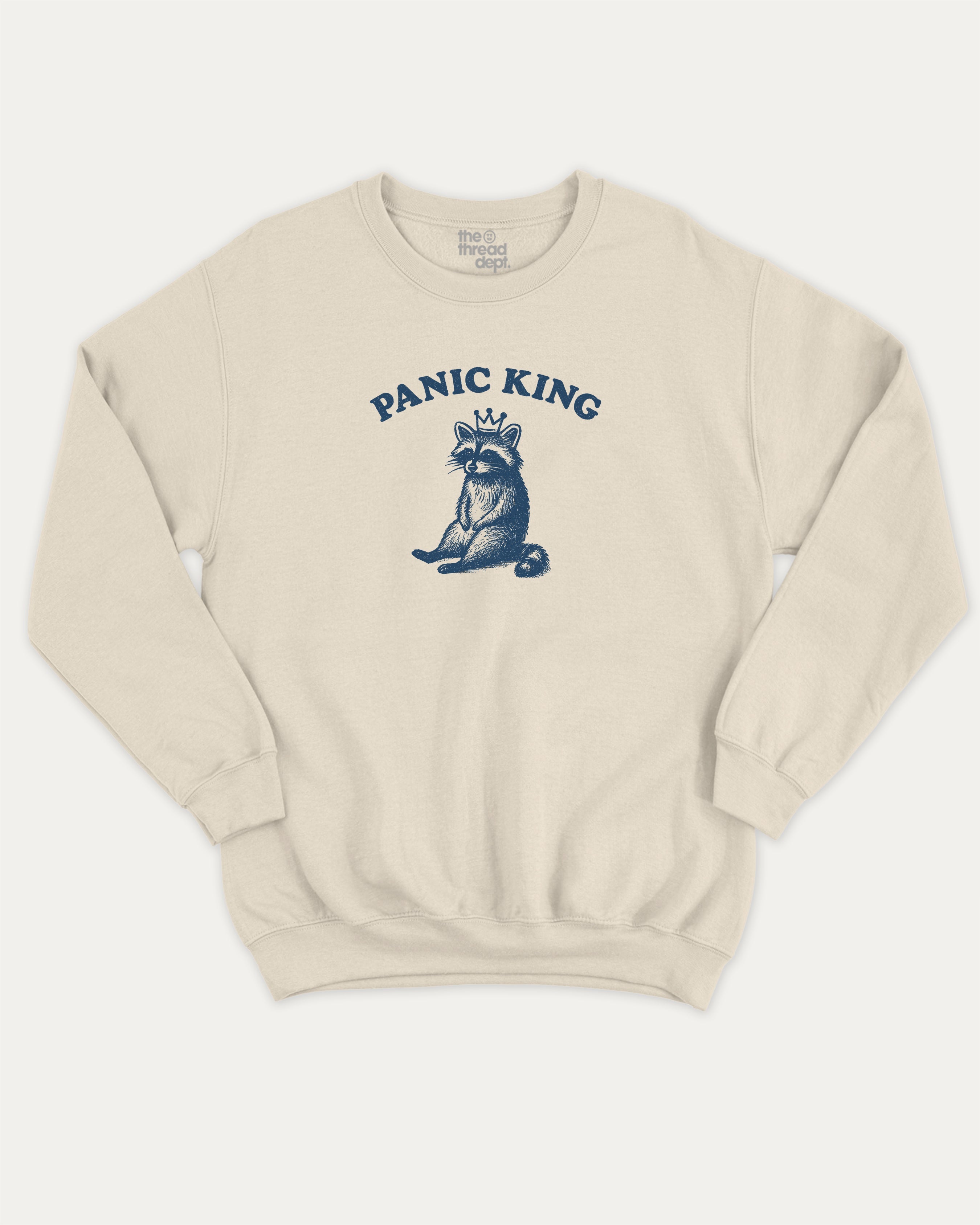 Panic King Raccoon graphic sweatshirt with bold and humorous print, Funny Raccoon Graphic T shirt, Funny Animal Tee, Perfect Gift for Animal Lovers, warm and cozy graphic for everyday wear. Perfect for adults and gift-giving. Natural pullover.