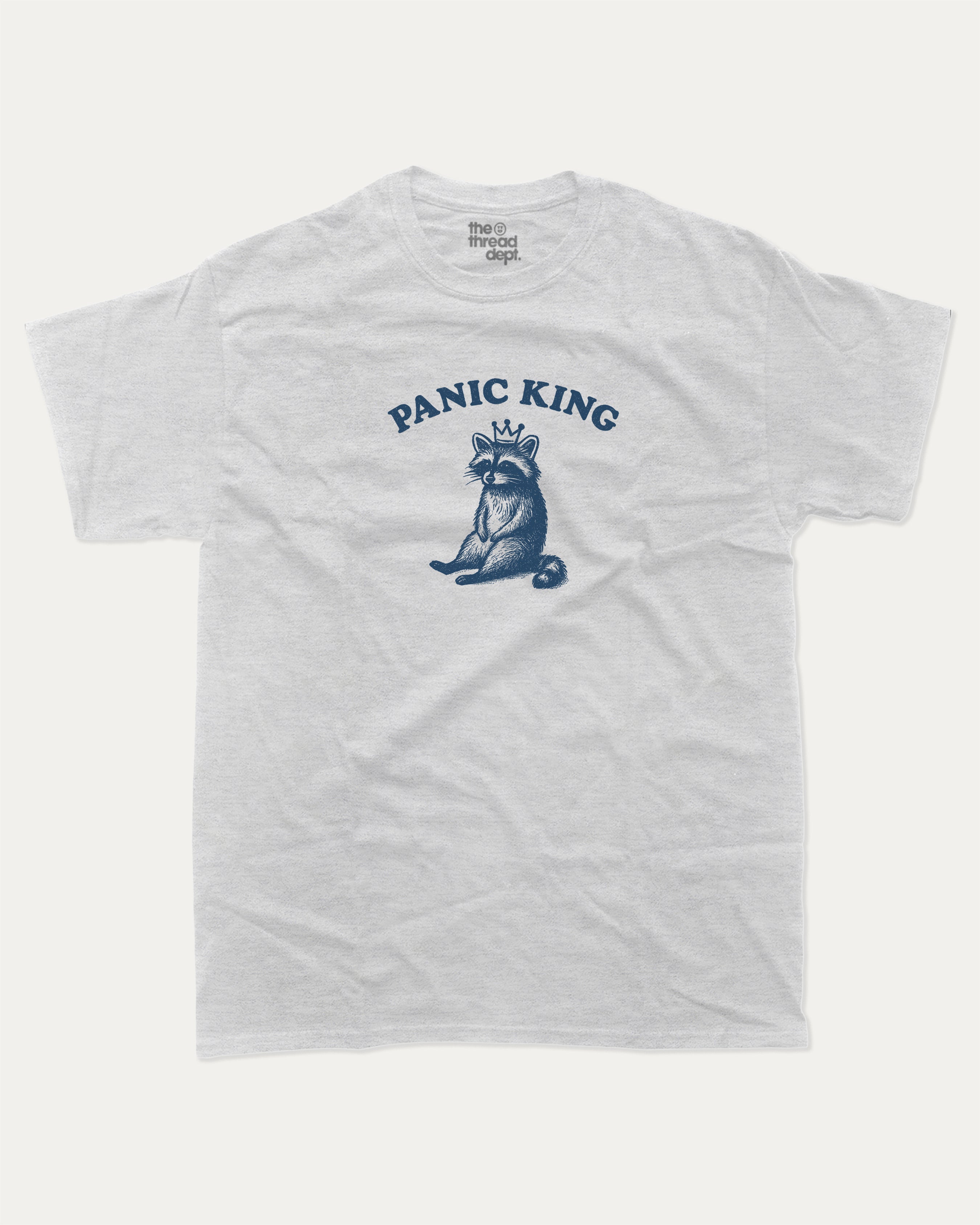 Panic King Raccoon graphic tee with bold and humorous print, Funny Raccoon Graphic T shirt, Funny Animal Tee, Perfect Gift for Animal Lovers, funny and trendy graphic. Perfect for adults and gift-giving. Ash Grey shirt.