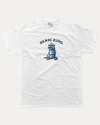 Panic King Raccoon graphic tee with bold and humorous print, Funny Raccoon Graphic T shirt, Funny Animal Tee, Perfect Gift for Animal Lovers, funny and trendy graphic. Perfect for adults and gift-giving. White shirt.