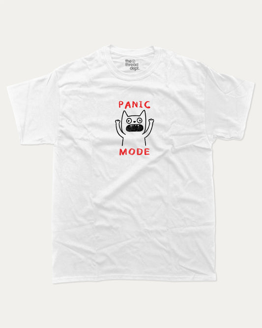 Panic Mode Cat graphic t-shirt, Cute Animal Graphic T shirt, Funny Animal Graphic T shirt, Funny meme Graphic T shirt, Pun Animal Graphic T shirt, A must-have funny tee, trending meme shirt, unique gift idea. White.