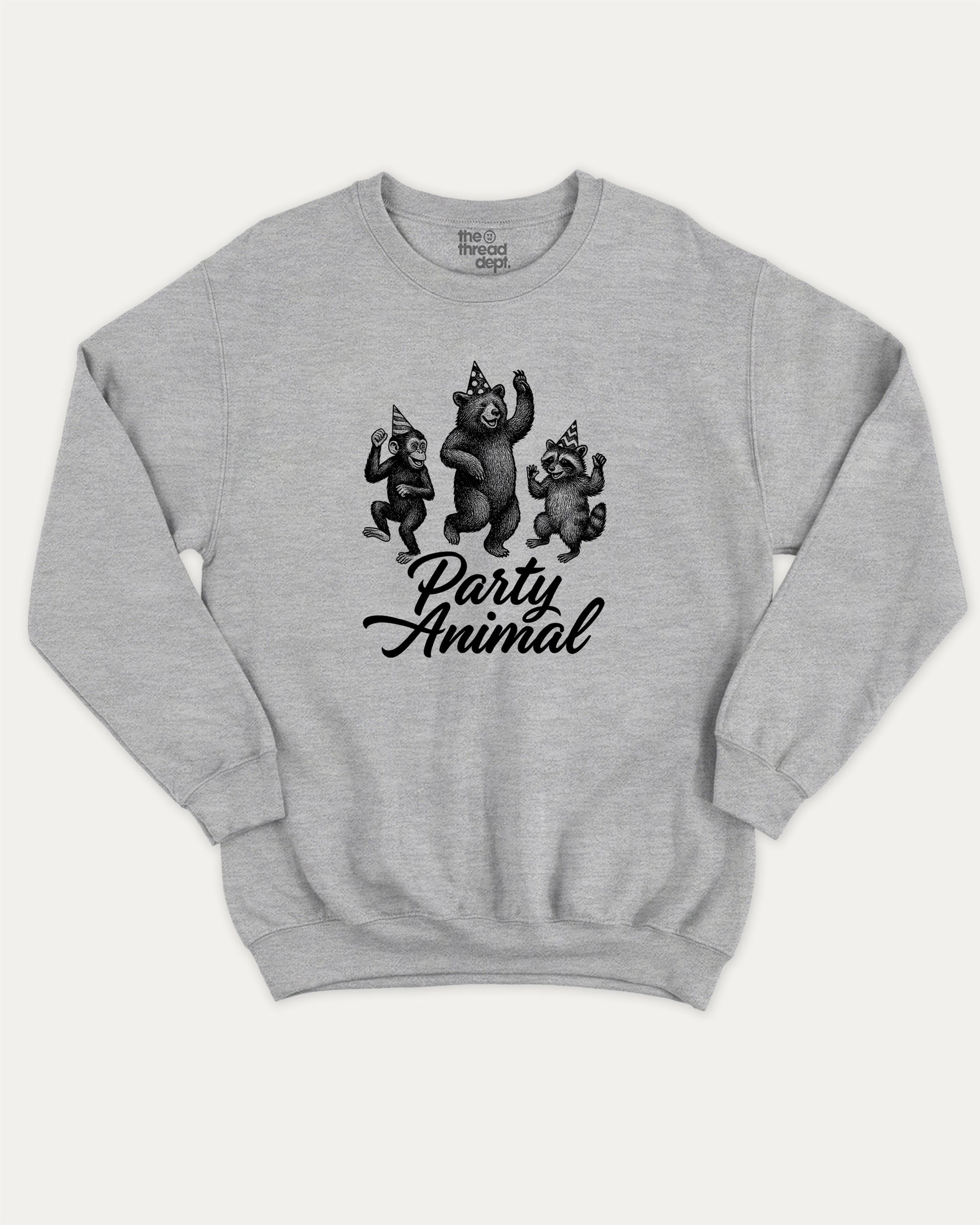 Party Animal pullover sweatshirt, perfect for adults. A must-have graphic pullover, comfy cold-weather wear, bold casual look. Heather Grey sweater
