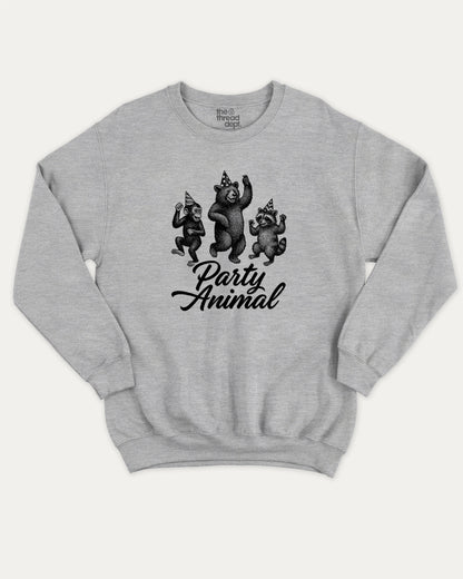 Party Animal pullover sweatshirt, perfect for adults. A must-have graphic pullover, comfy cold-weather wear, bold casual look. Heather Grey sweater