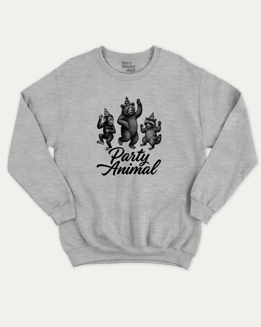 Party Animal pullover sweatshirt, perfect for adults. A must-have graphic pullover, comfy cold-weather wear, bold casual look. Heather Grey sweater