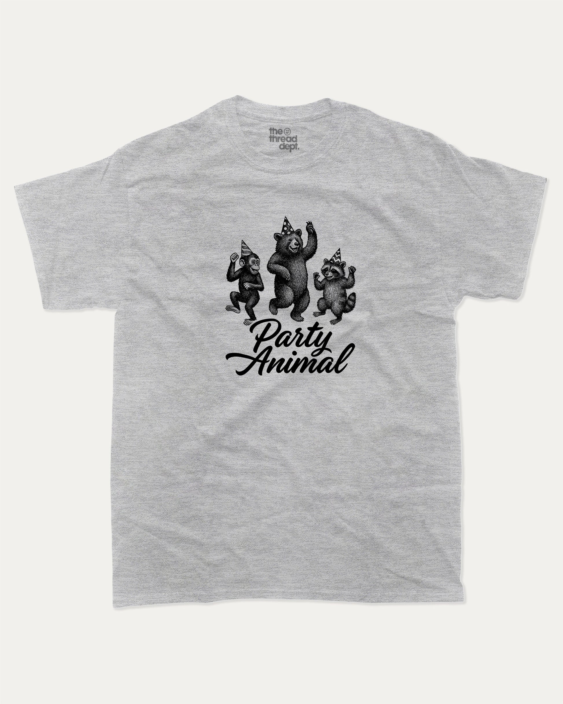 Party Animal graphic t-shirt, perfect for adults. A must-have funny tee, trending meme shirt, funny gift idea. Heather Grey.