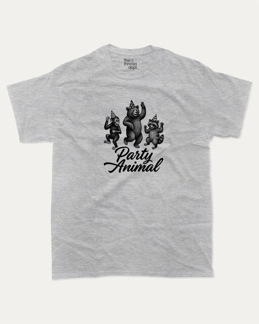 Party Animal graphic t-shirt, perfect for adults. A must-have funny tee, trending meme shirt, funny gift idea. Heather Grey.
