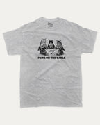 Paws On the Table graphic tee with bold and humorous print, funny and trendy graphic. Perfect for adults and gift-giving. Ash Grey shirt.