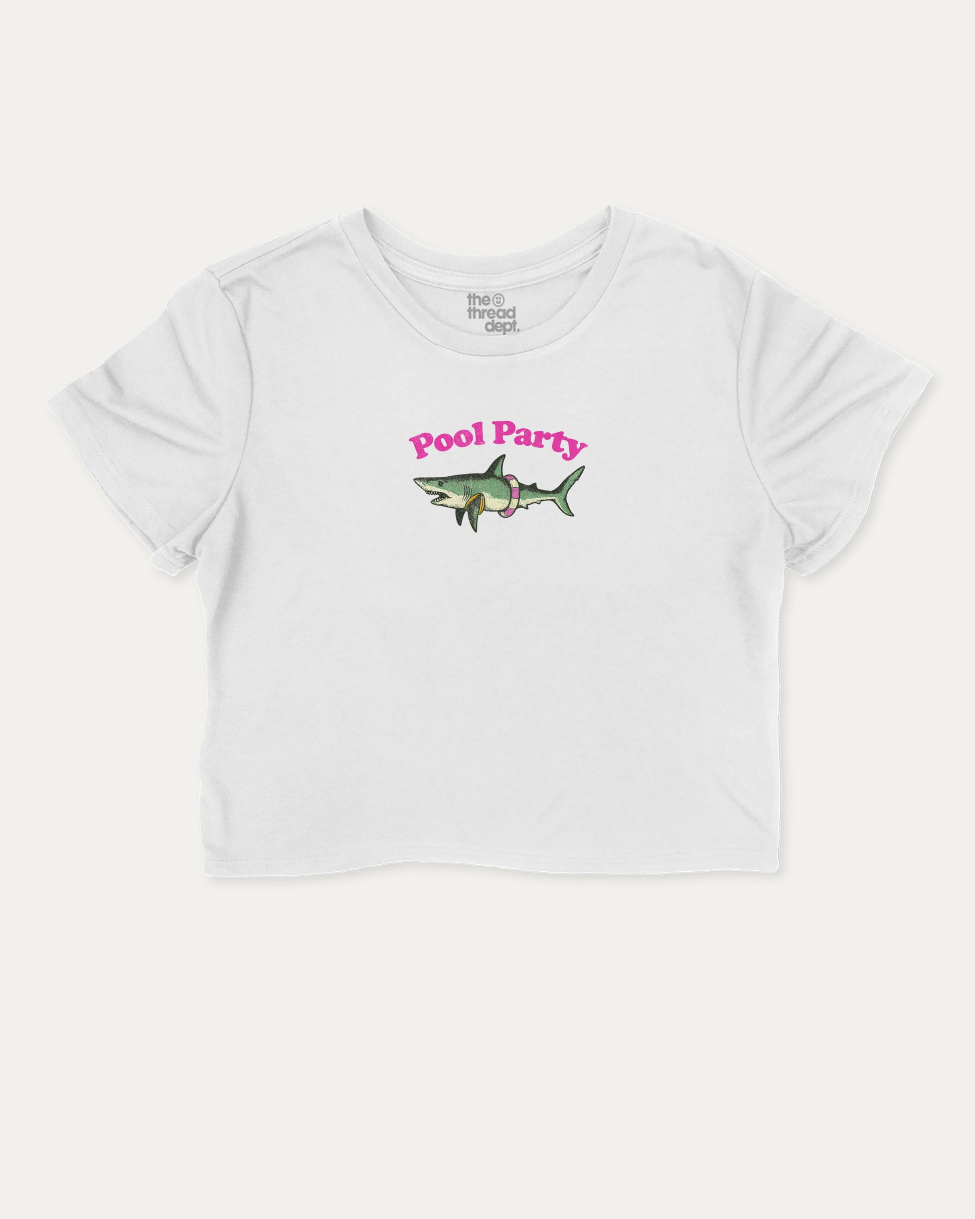 Pool Party graphic crop tee with funny and trendy slogan print, Funny Shark Graphic Tee, Funny Animal Graphic T shirt, Perfect Gift for Shark Lover, Pun Graphic T shirt, perfect for women’s casual looks or layering. White crop t-shirt.