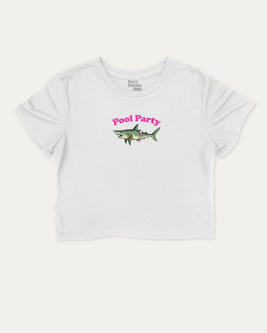 Pool Party graphic crop tee with funny and trendy slogan print, Funny Shark Graphic Tee, Funny Animal Graphic T shirt, Perfect Gift for Shark Lover, Pun Graphic T shirt, perfect for women’s casual looks or layering. White crop t-shirt.