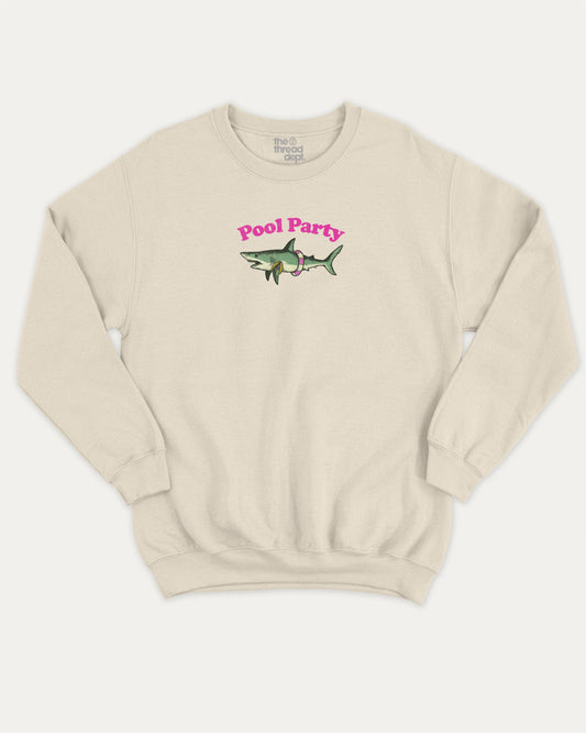 Pool Party graphic sweatshirt with bold and humorous print, Funny Shark Graphic Tee, Funny Animal Graphic T shirt, Perfect Gift for Shark Lover, Pun Graphic T shirt, warm and cozy graphic for everyday wear. Perfect for adults and gift-giving. Natural pullover.