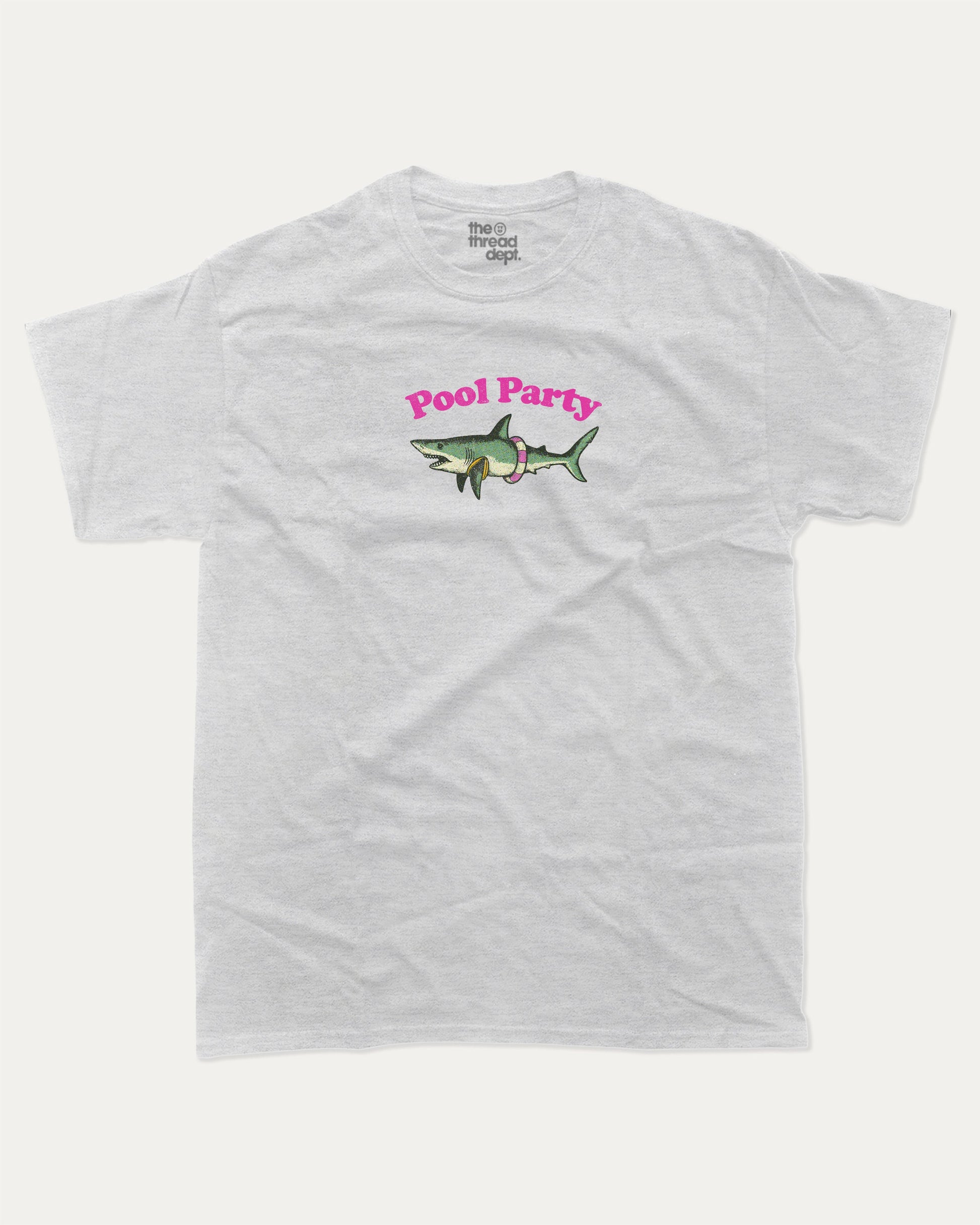 Pool Party graphic tee with bold and humorous print, Funny Shark Graphic Tee, Funny Animal Graphic T shirt, Perfect Gift for Shark Lover, Pun Graphic T shirt, funny and trendy graphic. Perfect for adults and gift-giving. Ash Grey shirt.