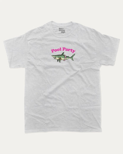Pool Party graphic tee with bold and humorous print, Funny Shark Graphic Tee, Funny Animal Graphic T shirt, Perfect Gift for Shark Lover, Pun Graphic T shirt, funny and trendy graphic. Perfect for adults and gift-giving. Ash Grey shirt.