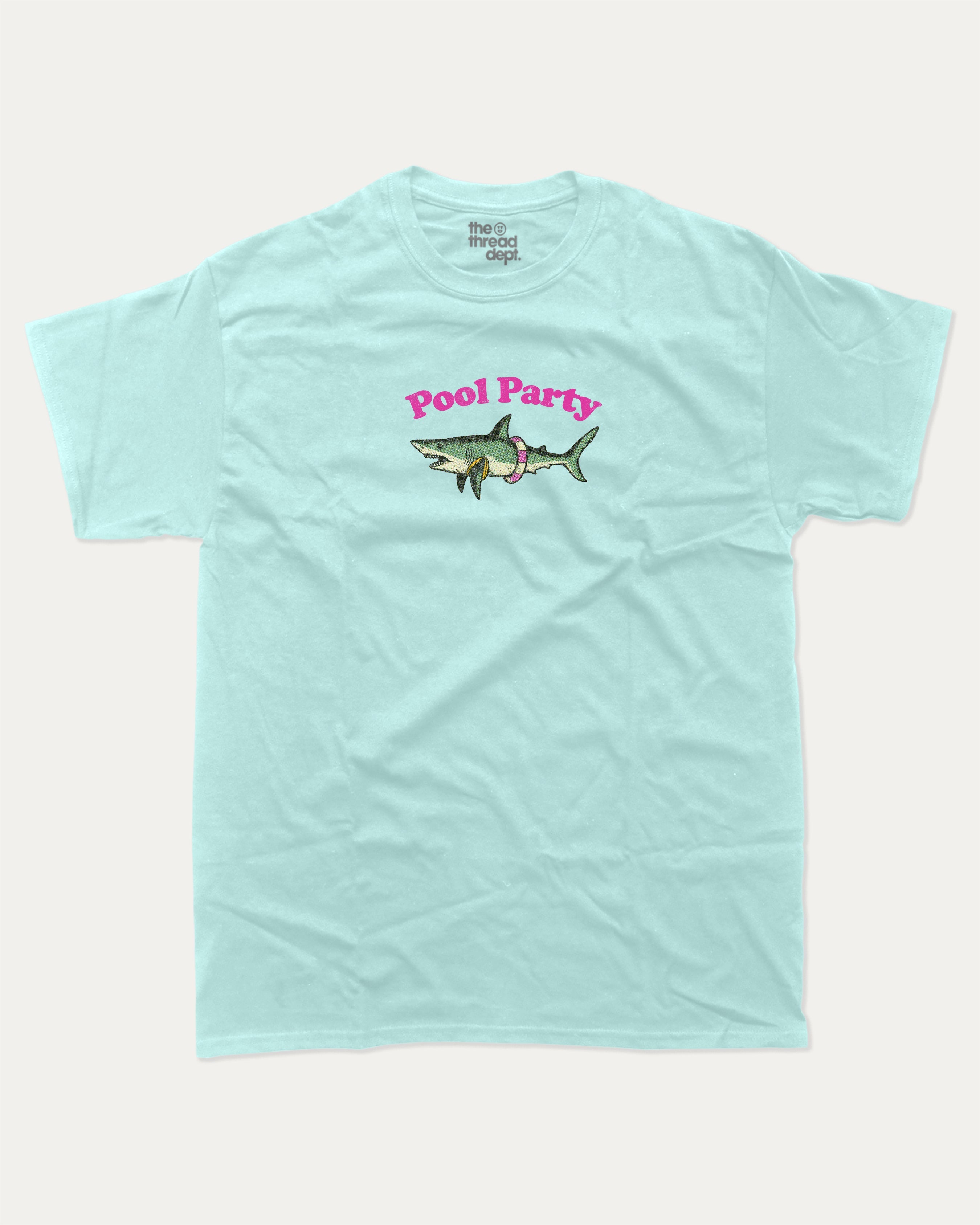 Pool Party graphic tee with bold and humorous print, Funny Shark Graphic Tee, Funny Animal Graphic T shirt, Perfect Gift for Shark Lover, Pun Graphic T shirt, funny and trendy graphic. Perfect for adults and gift-giving. Celadon shirt.