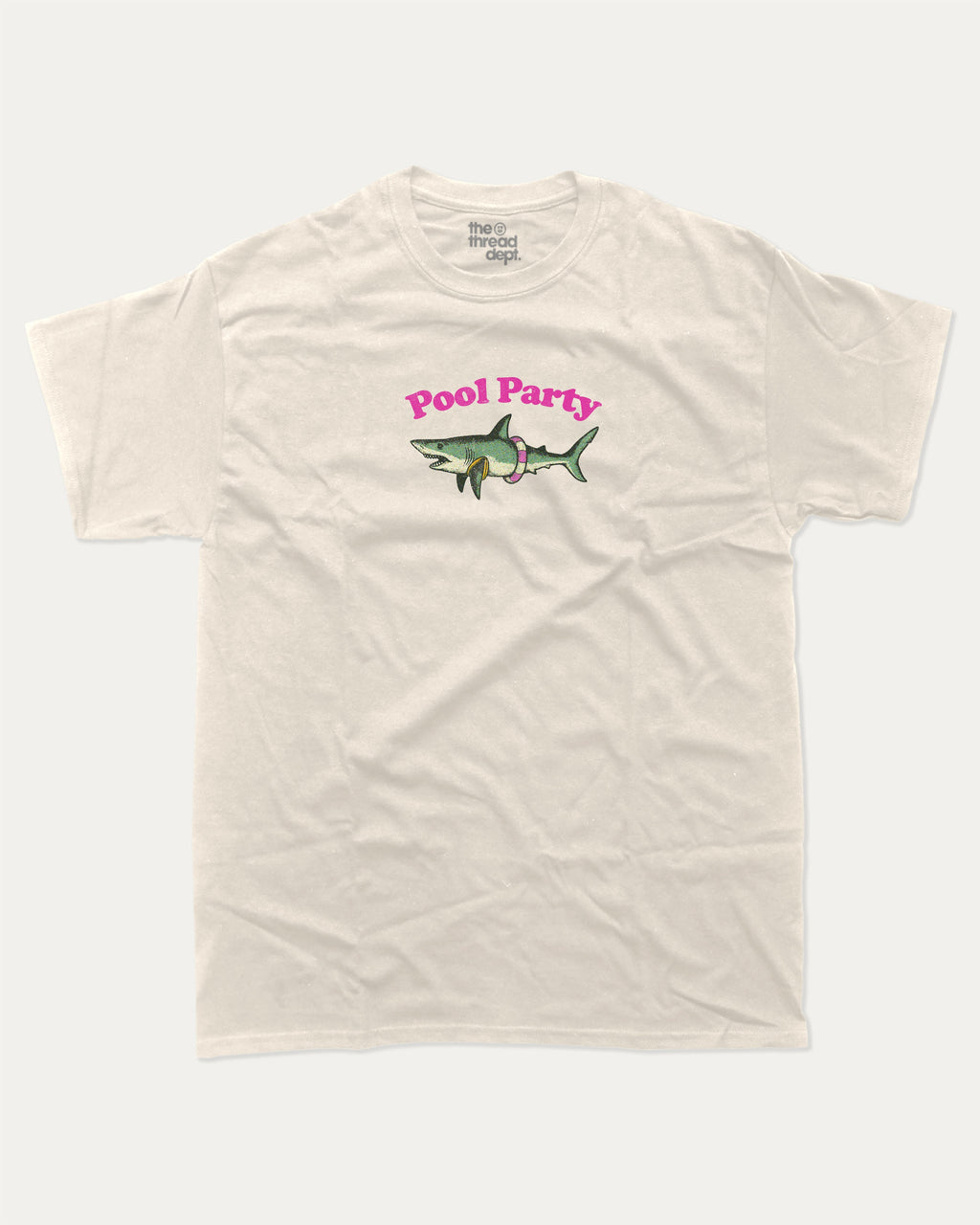 Pool Party graphic tee with bold and humorous print, Funny Shark Graphic Tee, Funny Animal Graphic T shirt, Perfect Gift for Shark Lover, Pun Graphic T shirt, funny and trendy graphic. Perfect for adults and gift-giving. Cream shirt.