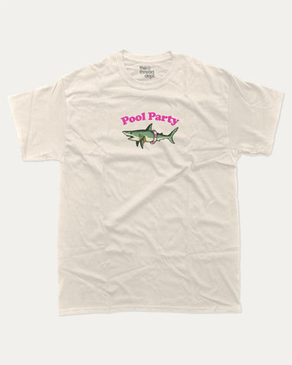 Pool Party graphic tee with bold and humorous print, Funny Shark Graphic Tee, Funny Animal Graphic T shirt, Perfect Gift for Shark Lover, Pun Graphic T shirt, funny and trendy graphic. Perfect for adults and gift-giving. Cream shirt.