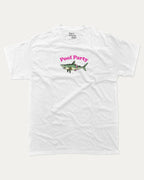 Pool Party graphic tee with bold and humorous print, Funny Shark Graphic Tee, Funny Animal Graphic T shirt, Perfect Gift for Shark Lover, Pun Graphic T shirt, funny and trendy graphic. Perfect for adults and gift-giving. White shirt.