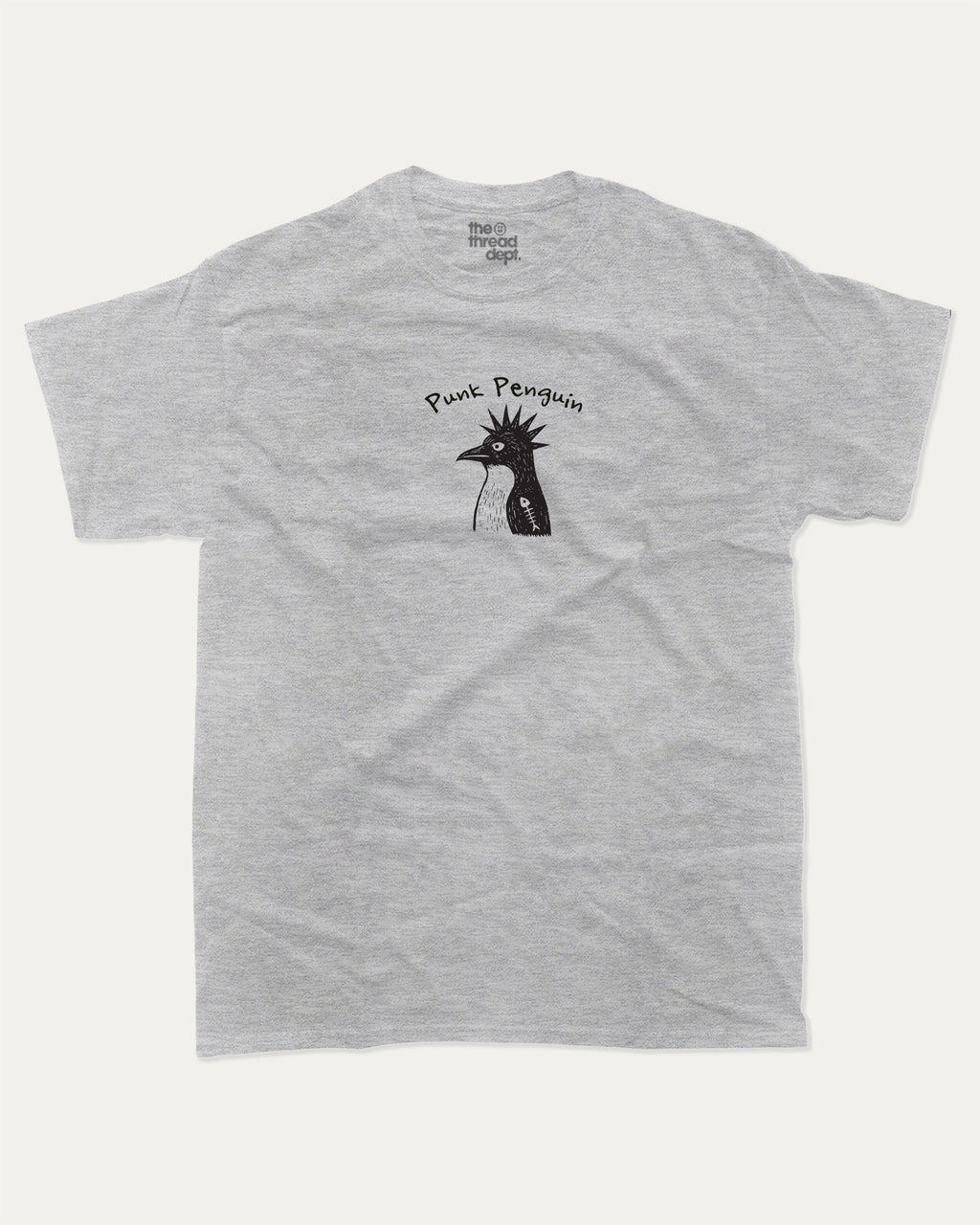 Punk Penguin graphic tee with bold and humorous print, funny and trendy  graphic. T shirt for Animal Lover, Funny Penguin T shirt, Funny Animal Graphic T shirt,  Perfect for adults and gift-giving. Heather Grey shirt.