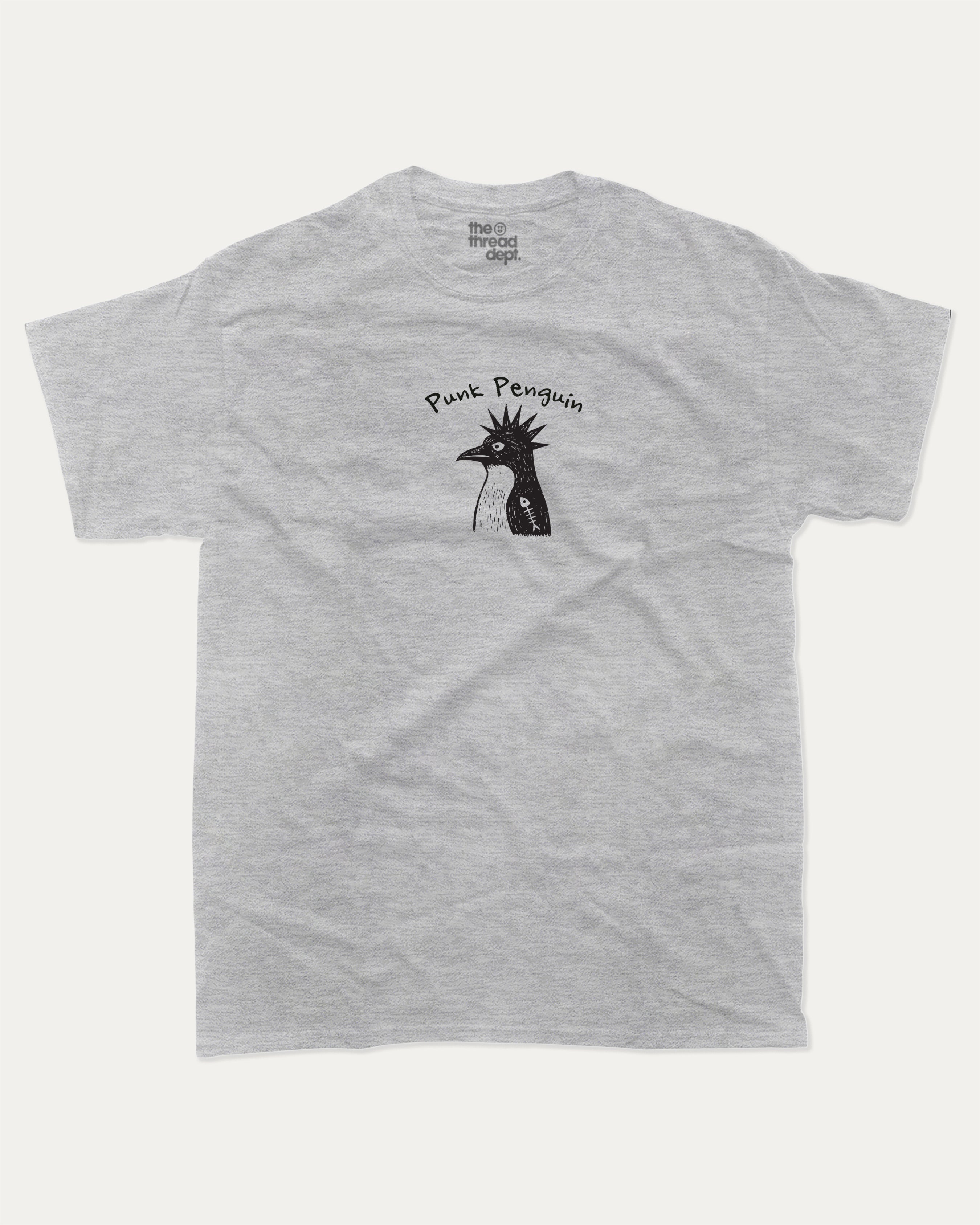 Punk Penguin graphic tee with bold and humorous print, funny and trendy  graphic. T shirt for Animal Lover, Funny Penguin T shirt, Funny Animal Graphic T shirt,  Perfect for adults and gift-giving. Heather Grey shirt.