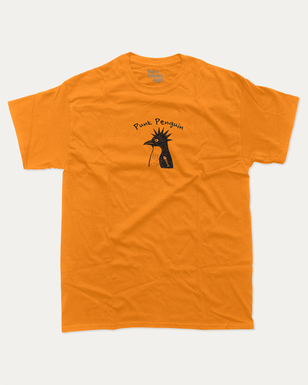 Punk Penguin graphic tee with bold and humorous print, funny and trendy  graphic. T shirt for Animal Lover, Funny Penguin T shirt, Funny Animal Graphic T shirt,  Perfect for adults and gift-giving. Orange shirt.