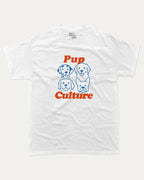 Pup Culture graphic tee with bold and humorous print, Cute Dog Graphic T shirt, Perfect Gift for Dog Lover, funny and trendy graphic. Perfect for adults and gift-giving. White shirt.
