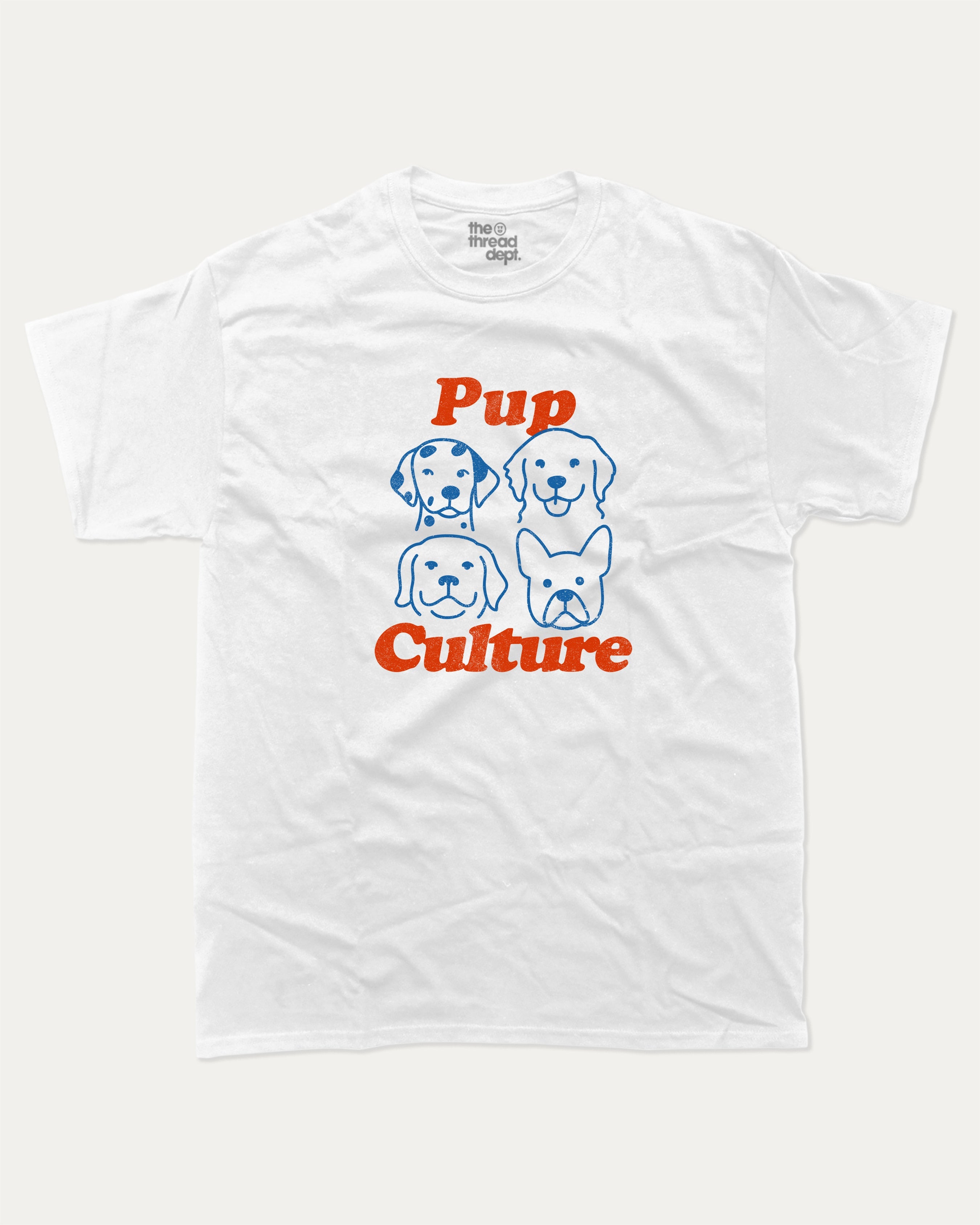 Pup Culture graphic tee with bold and humorous print, Cute Dog Graphic T shirt, Perfect Gift for Dog Lover, funny and trendy graphic. Perfect for adults and gift-giving. White shirt.