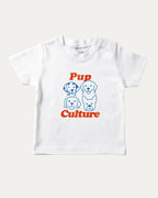 Pup Culture graphic tee with bold and humorous print, Cute Dog Graphic T shirt, Perfect Gift for Dog Lover, funny and trendy graphic. Perfect for adults and gift-giving. White shirt.