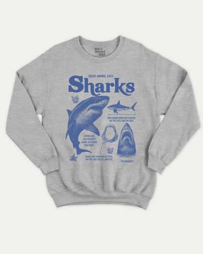 Quick Animal Fact Sharks pullover sweatshirt, perfect for gifts. 90s Vintage sharks graphic pullover, comfy cold-weather wear, bold casual look. Heather Grey sweater
