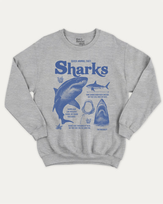 Quick Animal Fact Sharks pullover sweatshirt, perfect for gifts. 90s Vintage sharks graphic pullover, comfy cold-weather wear, bold casual look. Heather Grey sweater
