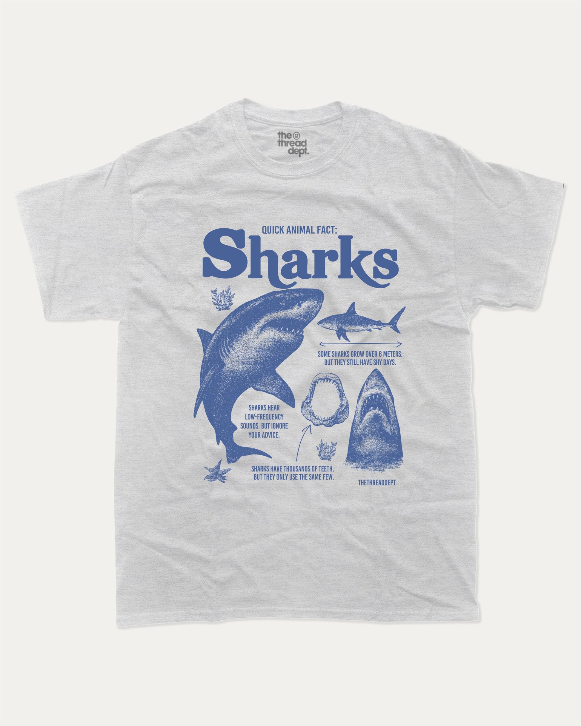 Quick Animal Fact Sharks graphic t-shirt, perfect for gifts. Vintage Sharks tee, Vintage ocean graphic shirt, unique gift idea. Ash Grey .