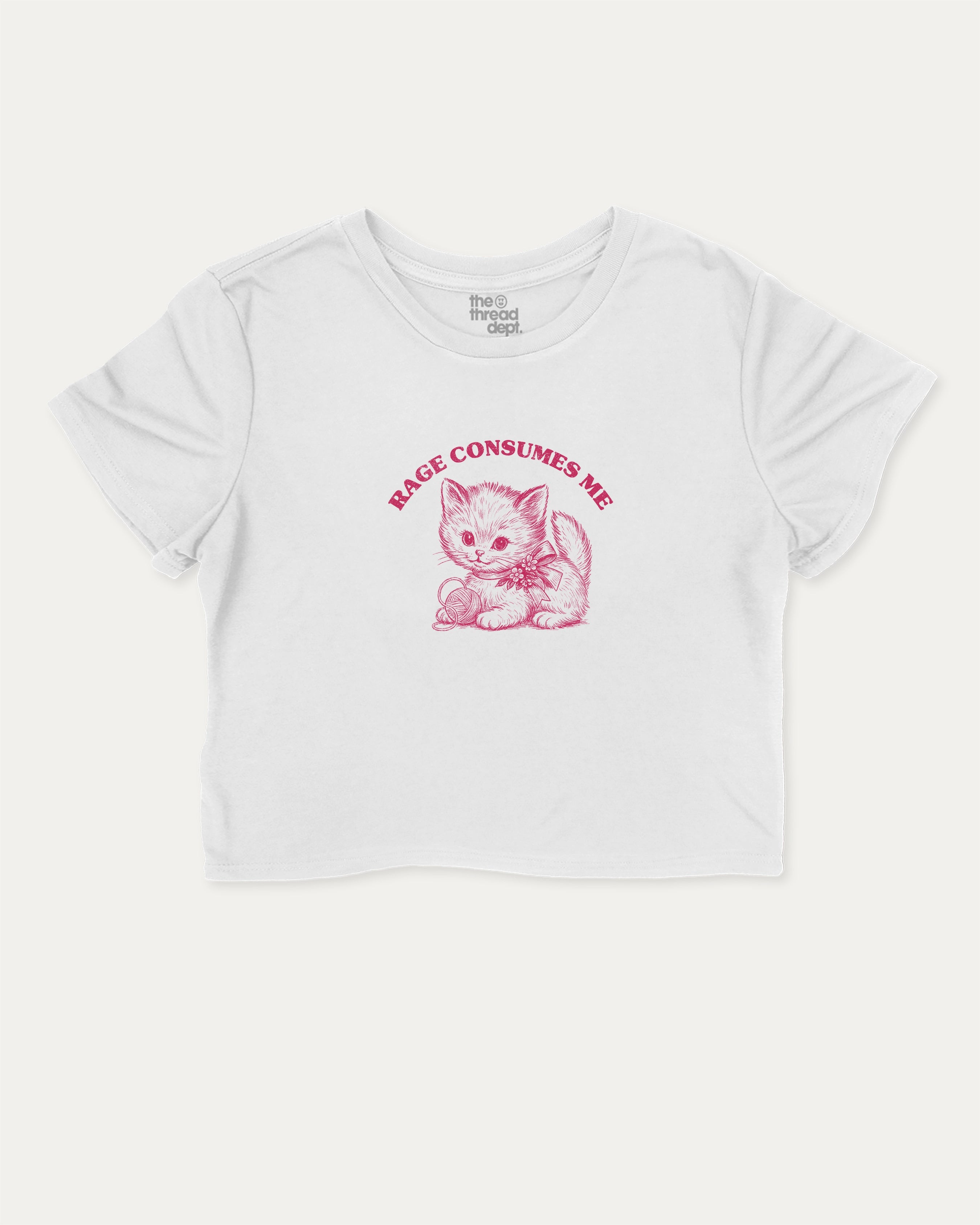 Rage Consumes Me graphic crop tee with funny and trendy slogan print, Cute Funny Animal T shirt, Pun Animal Graphic Tee, perfect for women’s casual looks or layering. White crop t-shirt.
