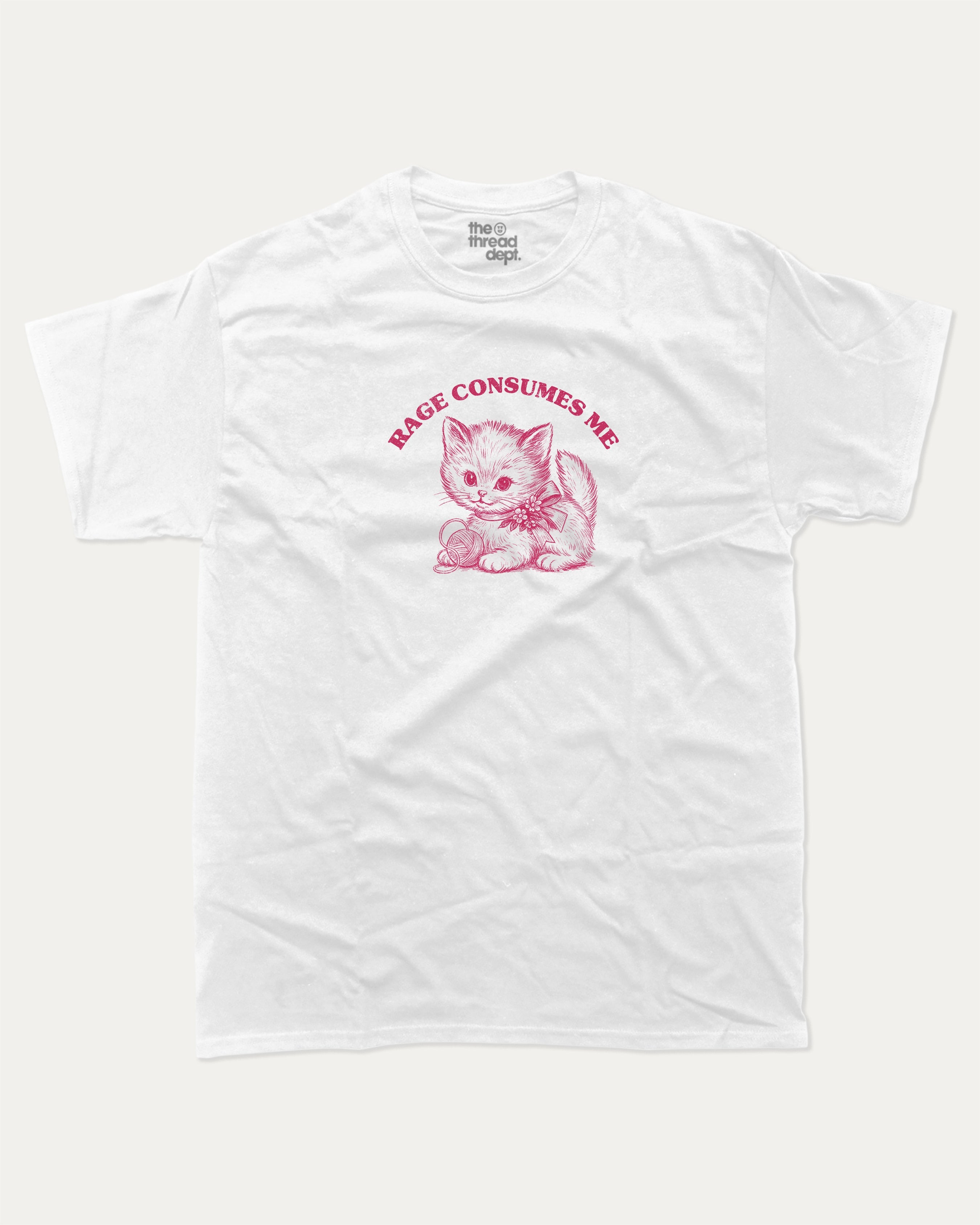 Rage Consumes Me graphic tee with bold and humorous print, Cute Funny Animal T shirt, Pun Animal Graphic Tee, funny and trendy graphic. Perfect for adults and gift-giving. White shirt.