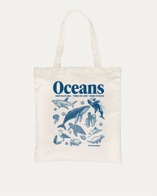 Retro Oceans cotton canvas tote bag with sea animal graphic, perfect for everyday carry. A must-have aesthetic accessory, great for shopping, school, or casual days. Special gifts for friends. Natural bag