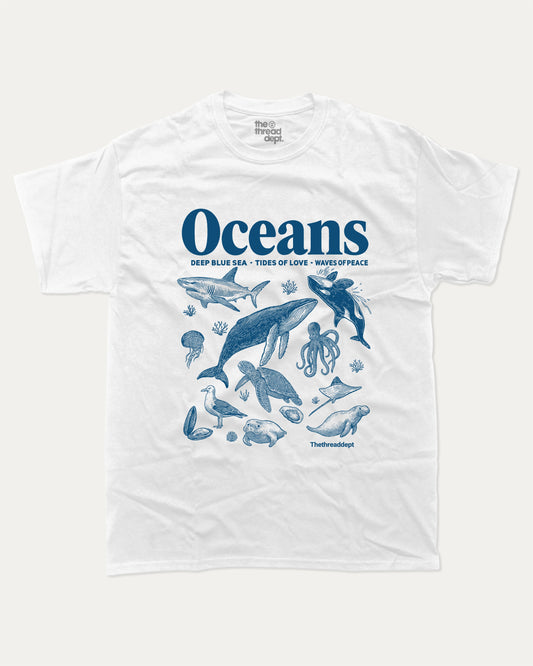Retro Oceans graphic t-shirt, perfect for adults. A must-have sea animal tee, 90s vintage shirt, unique gift idea. White.