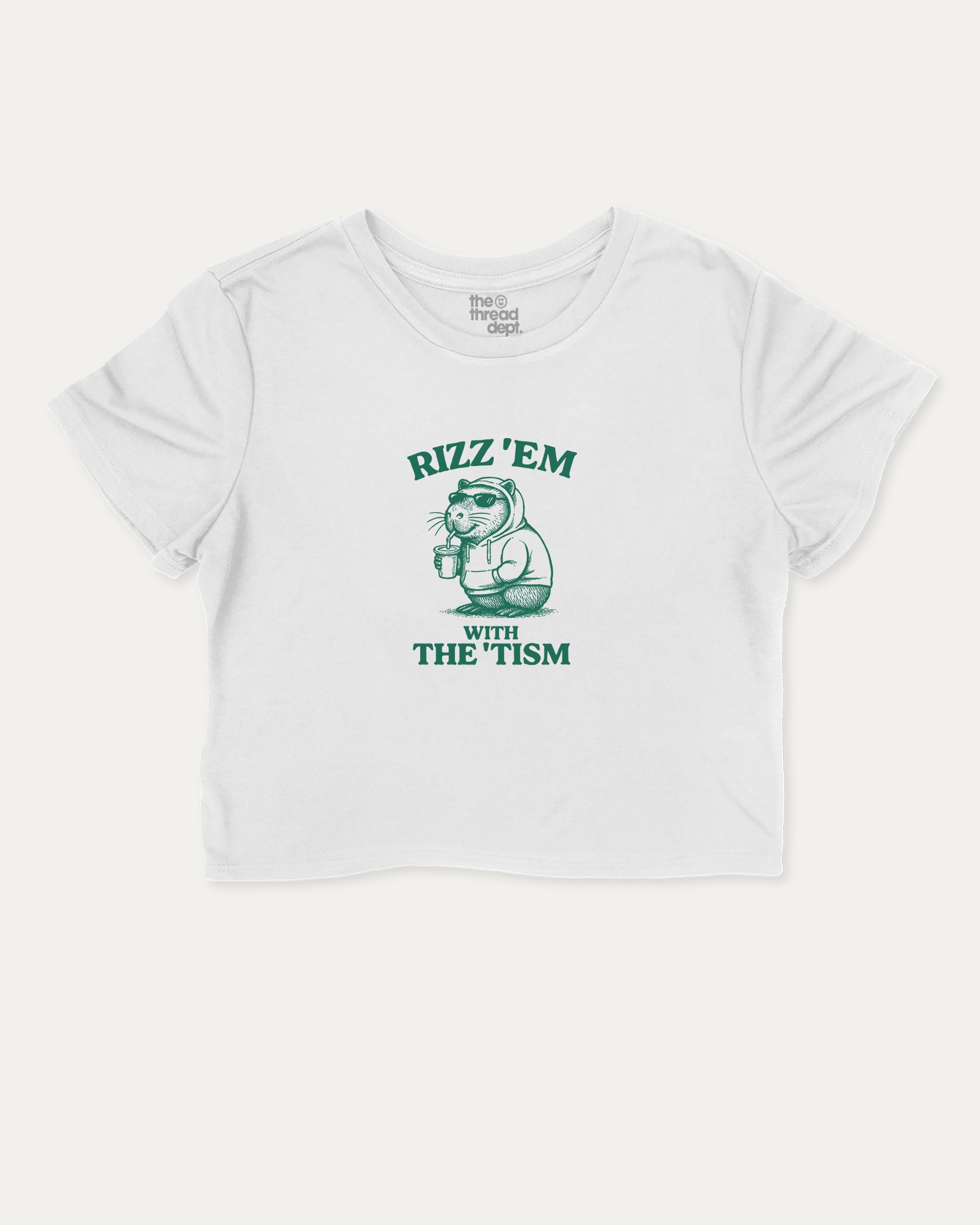 Rizz Em With The Tism graphic crop tee with funny and trendy slogan print, perfect for women’s casual looks or layering. White crop t-shirt.