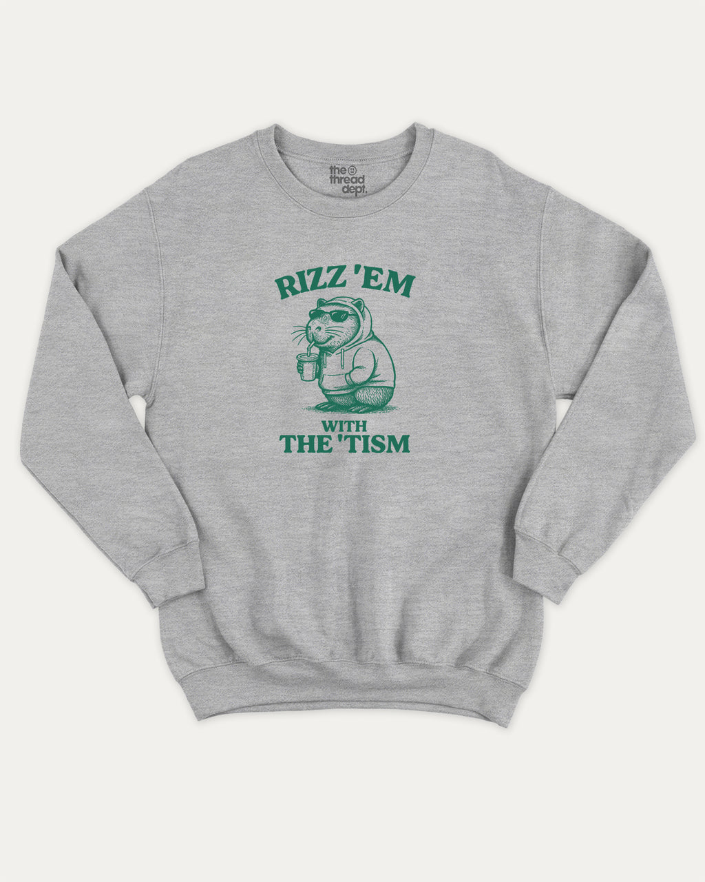 Grey sweatshirt with Capybara graphic and "rizz’em with the 'tism" text graphic pullover