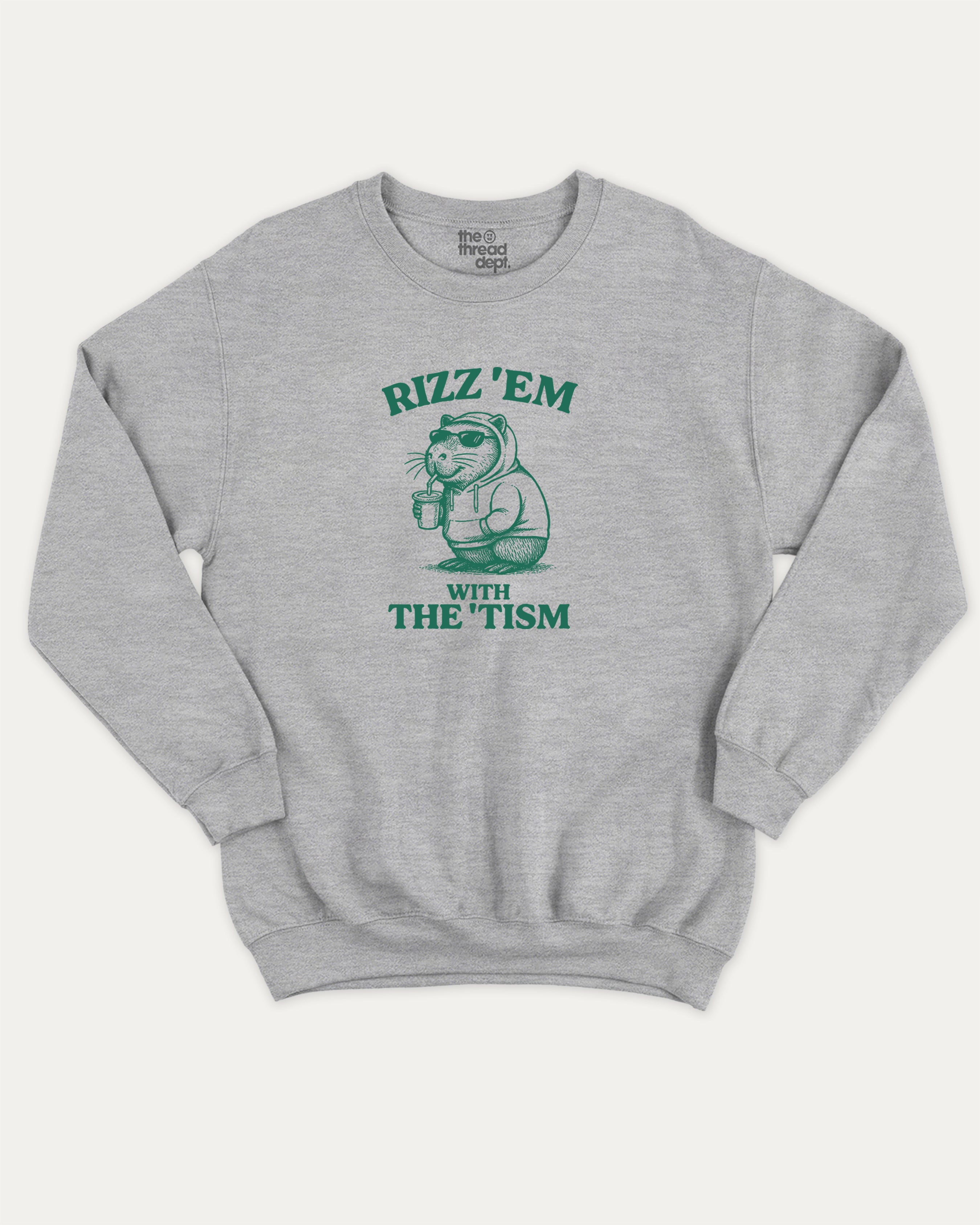 Grey sweatshirt with Capybara graphic and "rizz’em with the 'tism" text graphic pullover