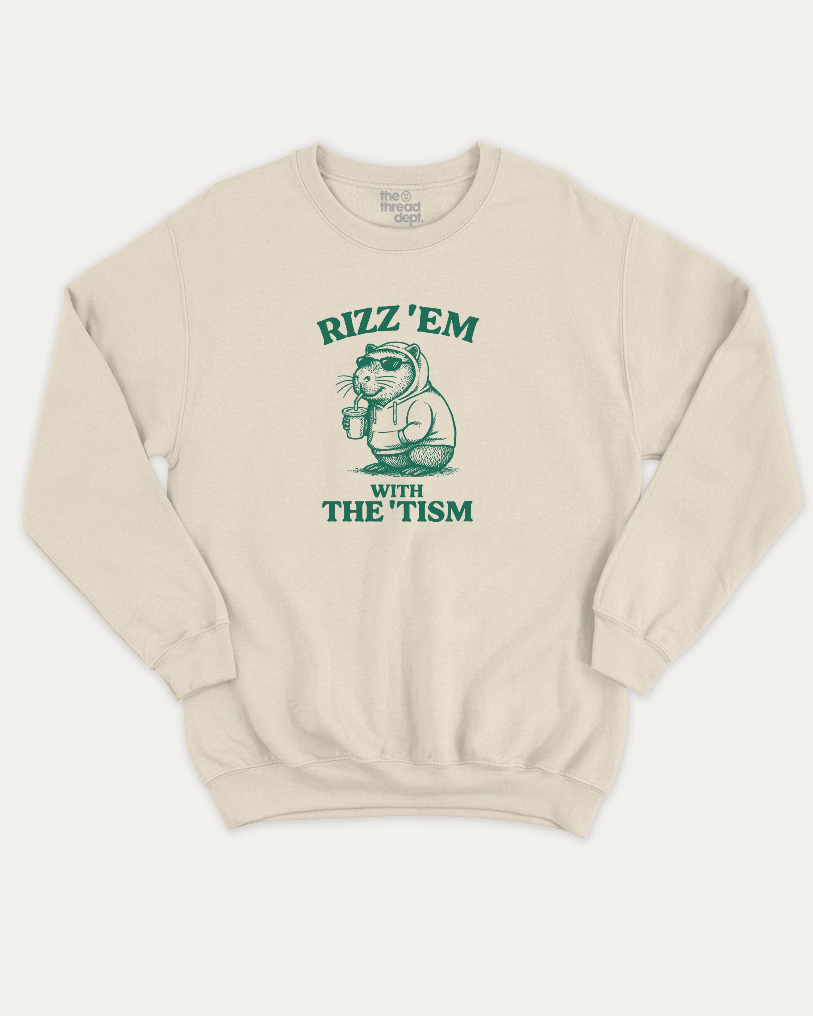 Natural sweatshirt with Capybara graphic and "rizz’em with the 'tism" text graphic pullover
