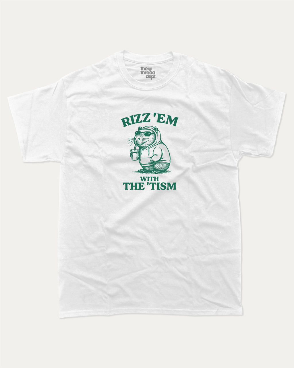 Rizz Em With The Tism graphic tee with funny capybara graphic, funny and trendy graphic. Perfect for adults and gift-giving. White shirt.