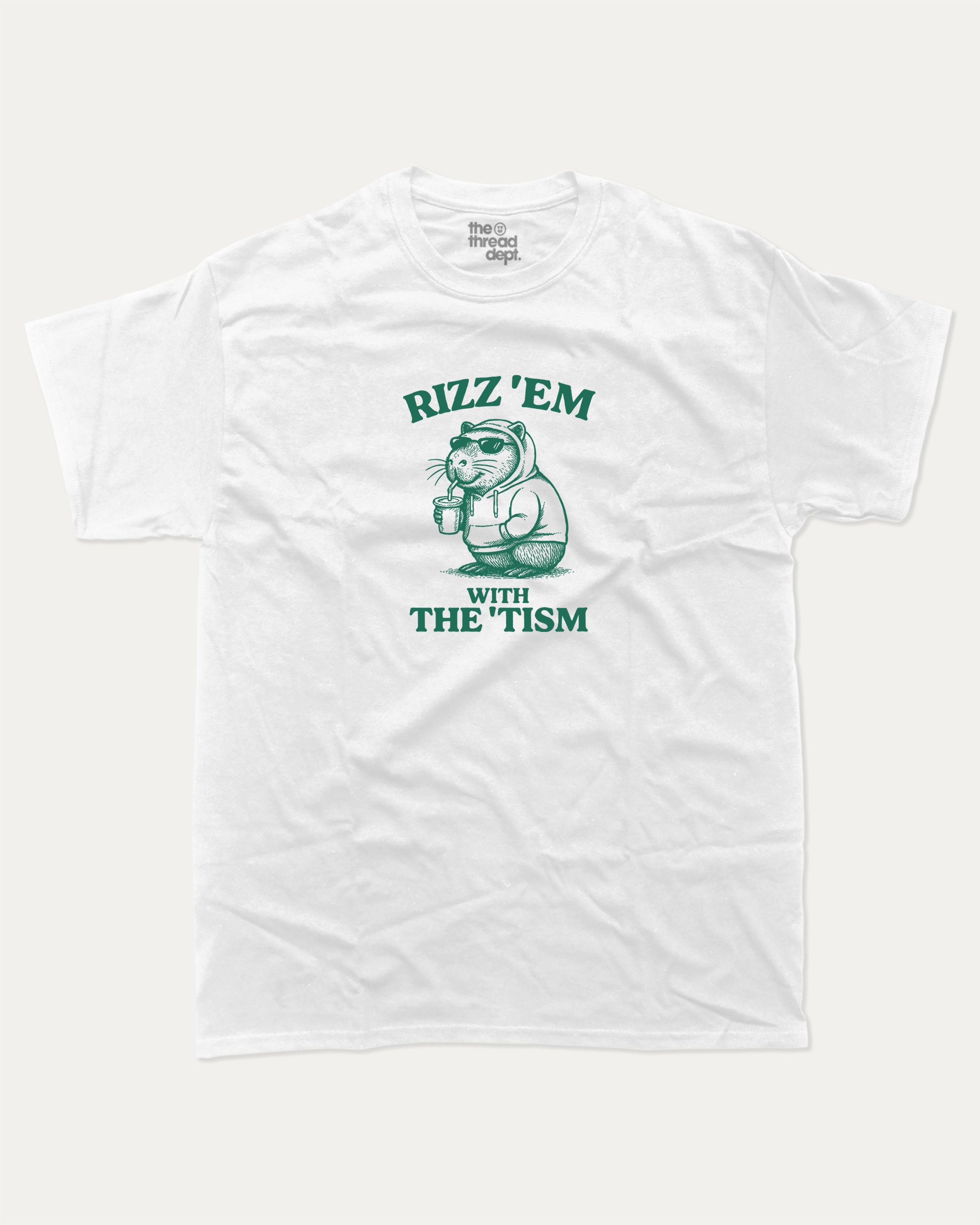 Rizz Em With The Tism graphic tee with funny capybara graphic, funny and trendy graphic. Perfect for adults and gift-giving. White shirt.