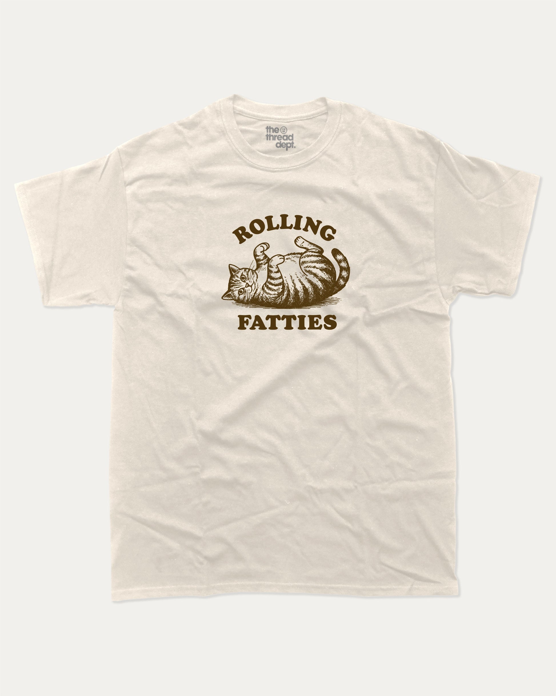 Rolling Fatties graphic t-shirt, perfect for adults. Funny cat graphic tee, trending meme shirt, unique gift idea. Cream.