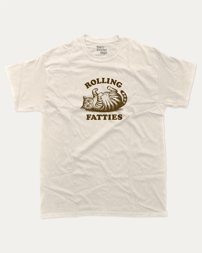 Rolling Fatties graphic t-shirt, perfect for adults. Funny cat graphic tee, trending meme shirt, unique gift idea. Cream.