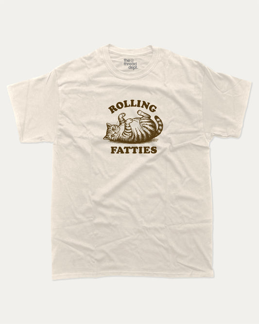 Rolling Fatties graphic t-shirt, perfect for adults. Funny cat graphic tee, trending meme shirt, unique gift idea. Cream.