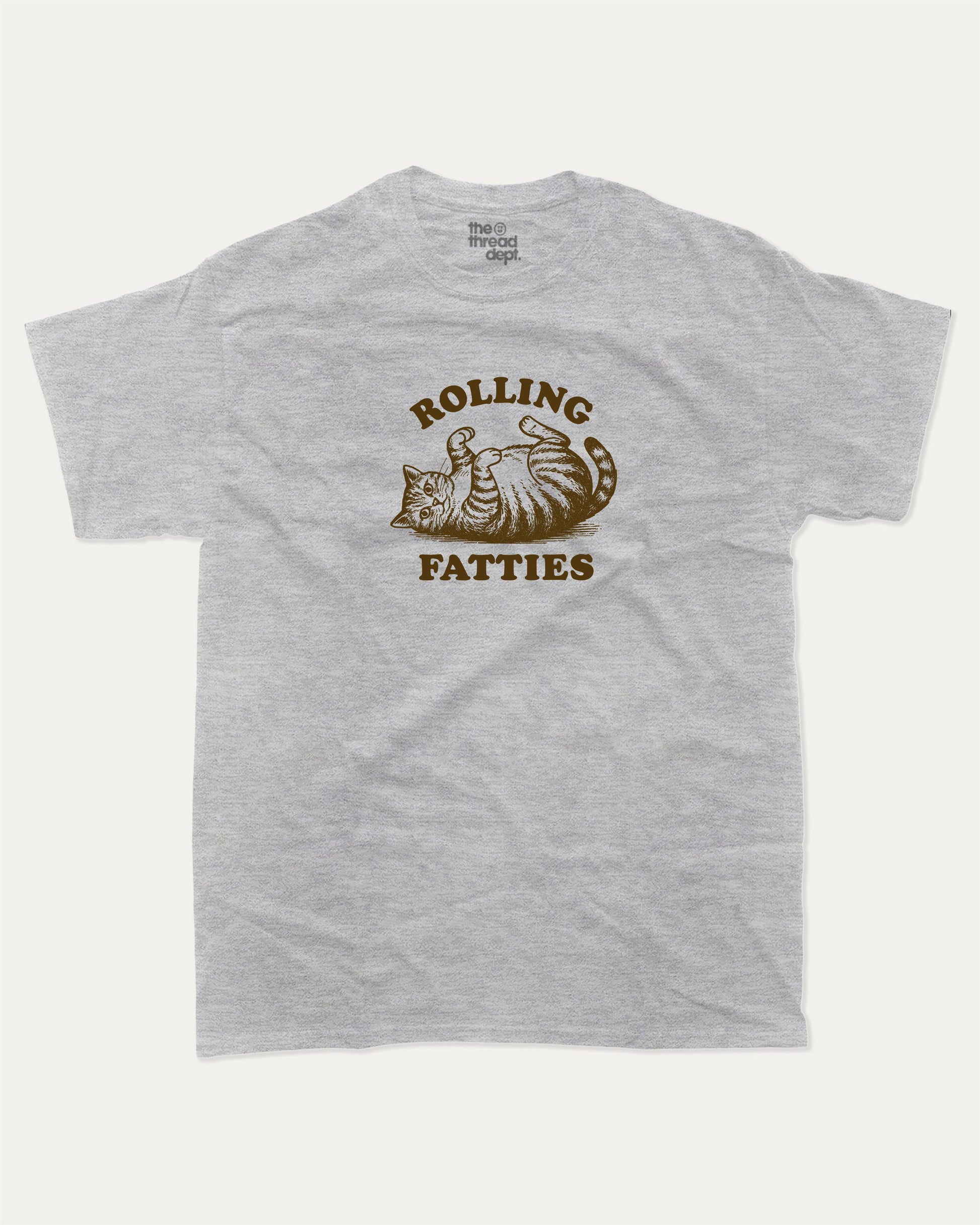 Rolling Fatties graphic t-shirt, perfect for adults. Funny cat graphic tee, trending meme shirt, unique gift idea. Heather Grey.